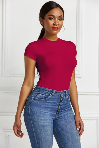 Round Neck Short Sleeve Bodysuit - Fashions Envy