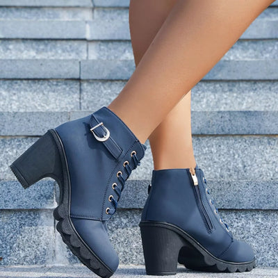 Lace Up Boots - Block High Heels - Fashions Envy
