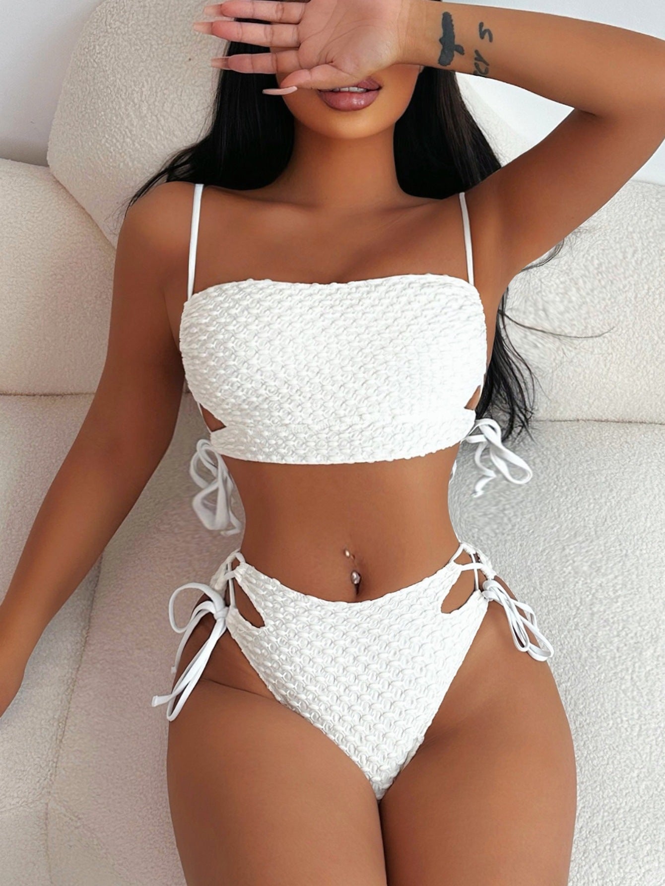 Bandeau Halter Top & High Waist Full Cover Bottom Bikini Swimsuit