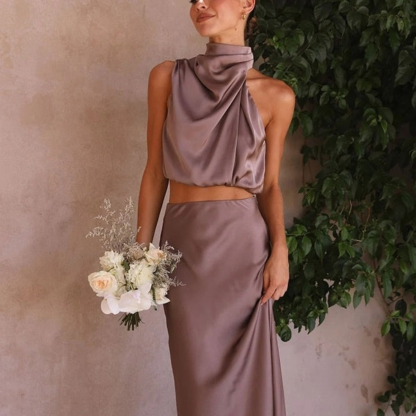Satin Two Piece Set - Slim Fit Casual Outfit for Women