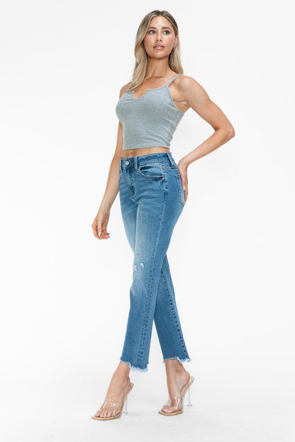 Medium Blue Raw Hem Distressed Mid Rise Crop Jeans