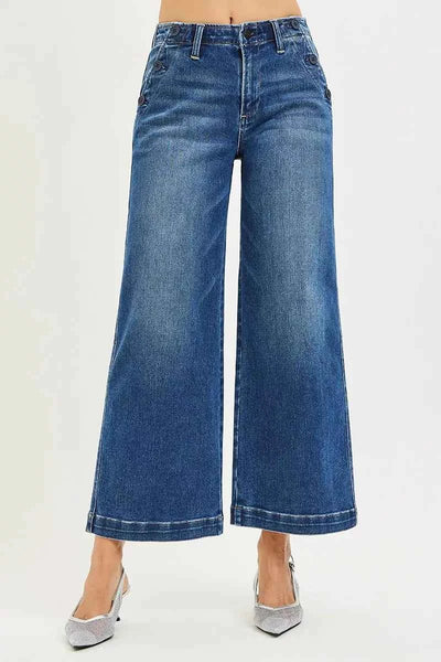 RISEN High Rise Wide Leg Jeans - Dark Wash Button Detail