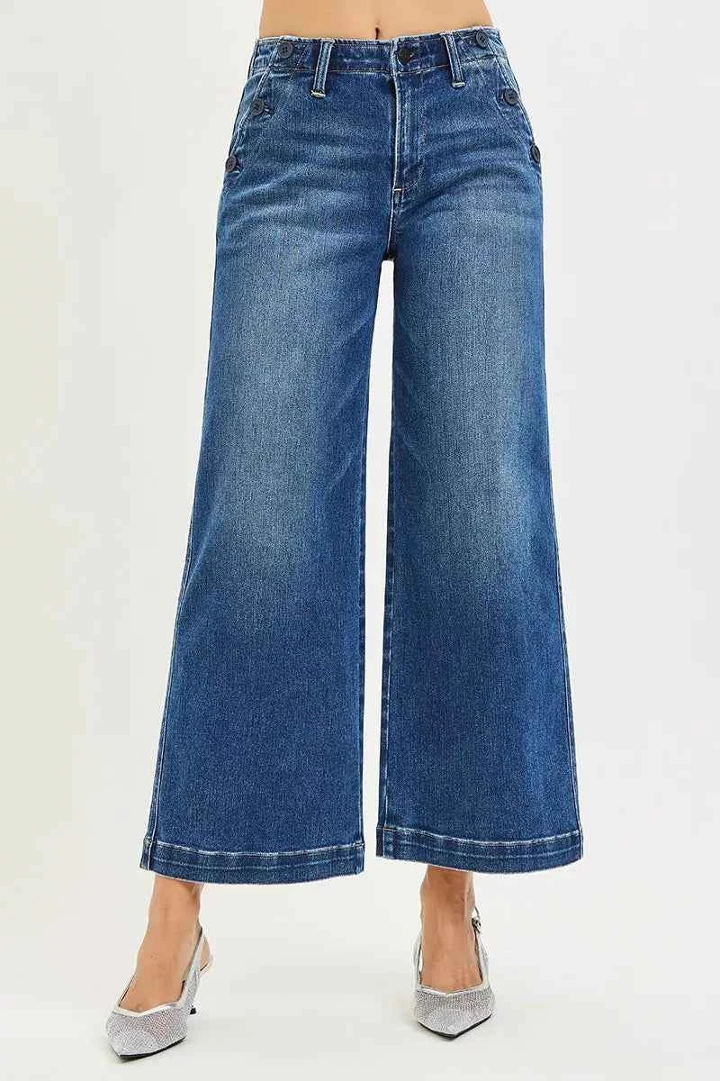 RISEN High Rise Wide Leg Jeans - Dark Wash Button Detail
