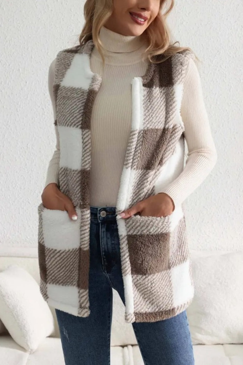 Sherpa Plaid Open Front Vest Coat - Fashions Envy