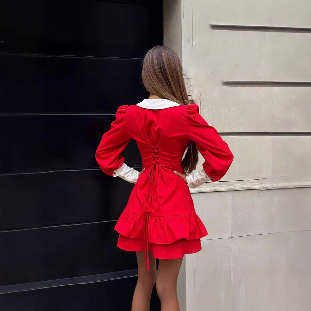 Lace-Up Ruffle Dress - Contrast Color A-Line Mini