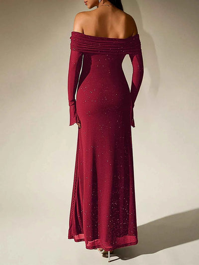 Glitter Off-Shoulder Maxi Dress
