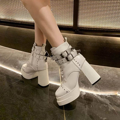 Round Toe Block Heels Boots - High Heel Ankle Boots - Fashions Envy