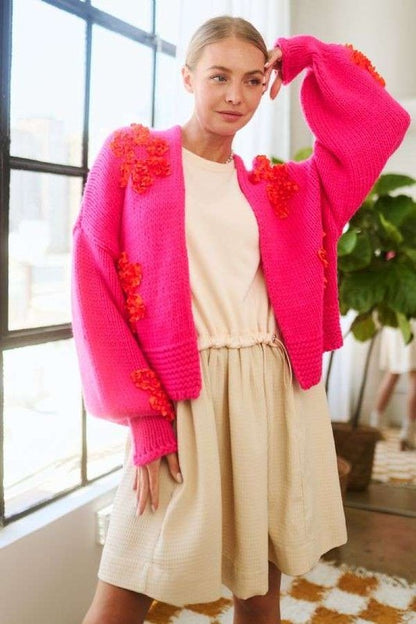 Hot Pink Floral Applique Open Front Drop Shoulder Cardigan