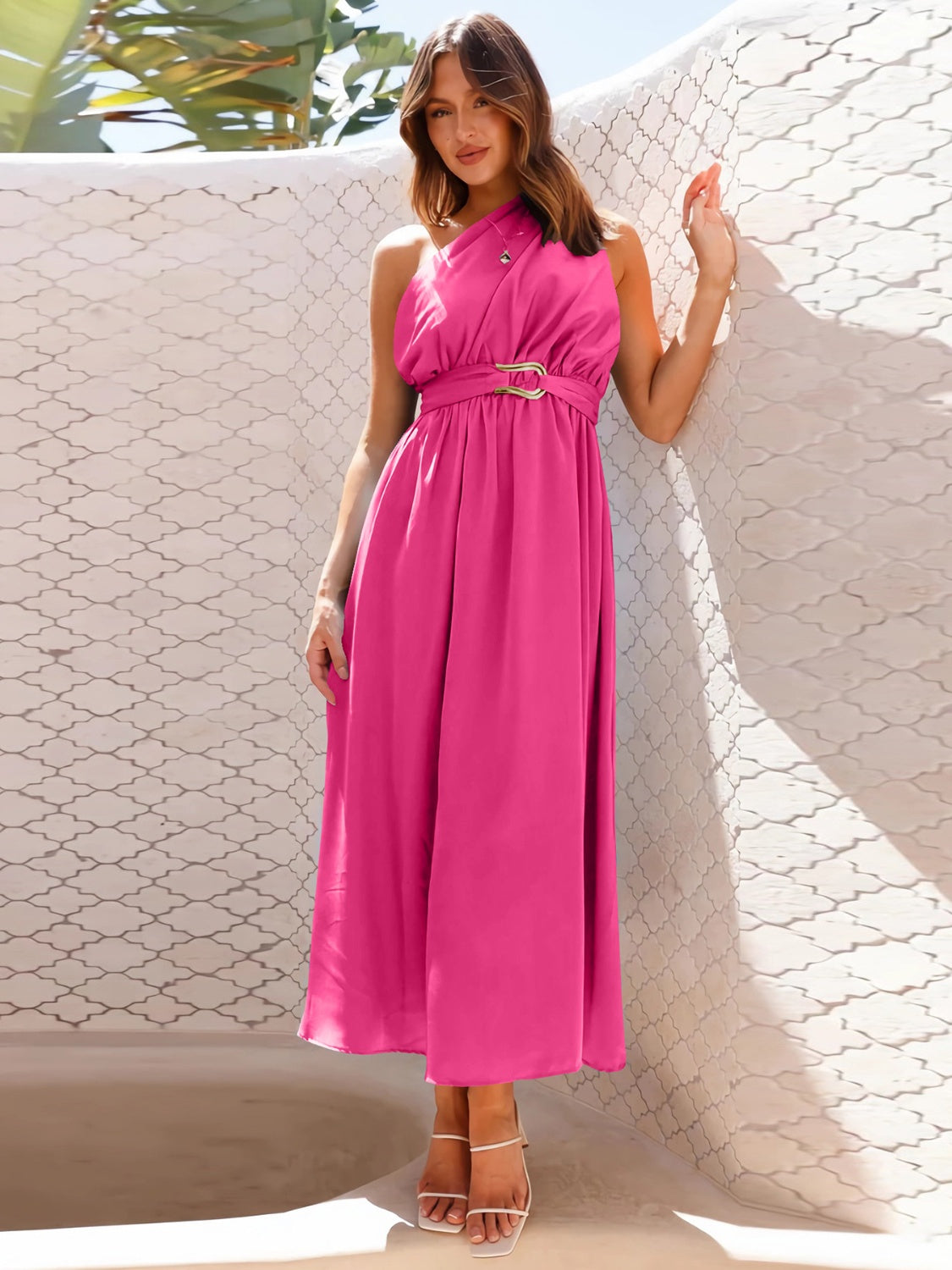 Ruched Single Shoulder Belted Midi Dress