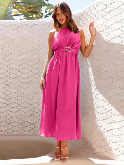 Ruched Single Shoulder Belted Midi Dress