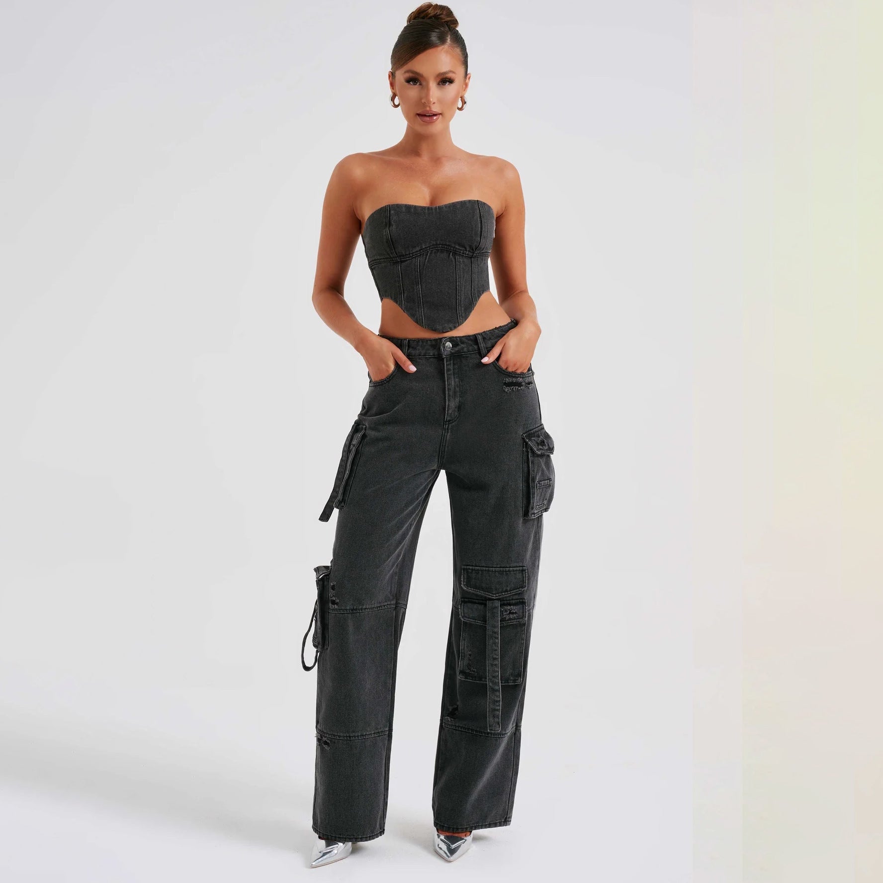 Low Waist Three-dimensional Tube Top and Pocket Stitching Cargo Jeans