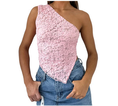 Lace Backless Tank Top - Asymmetrical Sloped Neck