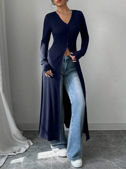 V-Neck Button-Front Longline Cardigan - Long Sweater with Slits - Fashions Envy