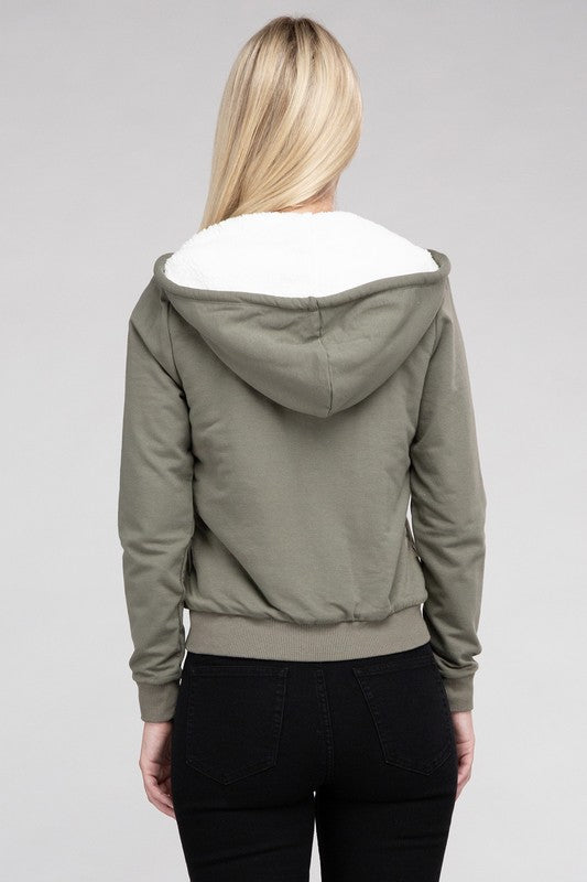 Fuzzy Trim Zip-Up Cropped Length Hoodie