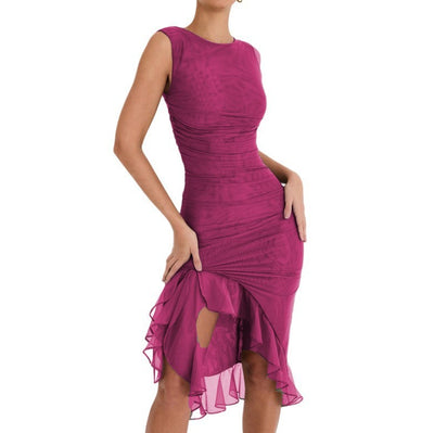 High-Neck Ruffle Hem solid Color Midi Dress