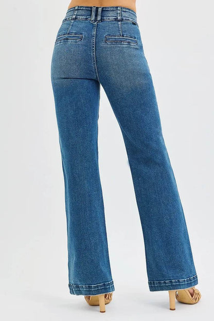 RISEN Full Size Tummy Control High Rise Bootcut Jeans with Double Button Waistband Plus Size - Fashions Envy