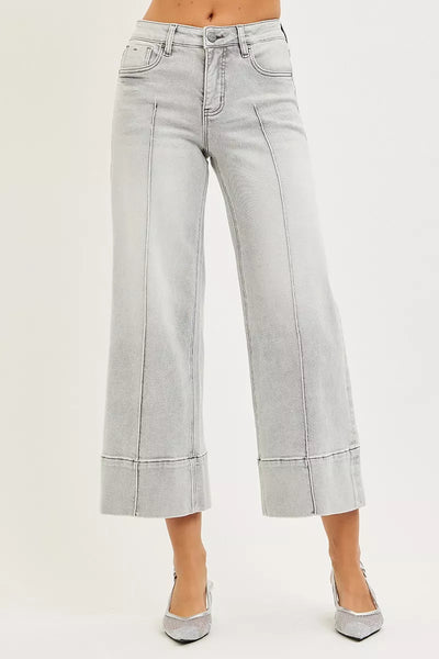 RISEN Tummy Control Mid Rise Crop Wide Pintuck Front Jeans - Fashions Envy