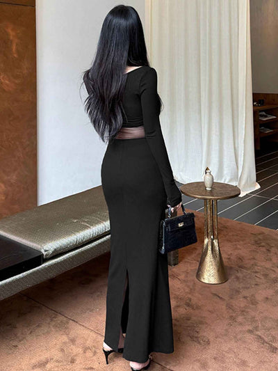 Long Sleeve Maxi Dress - Sheer Mesh Panel Gown