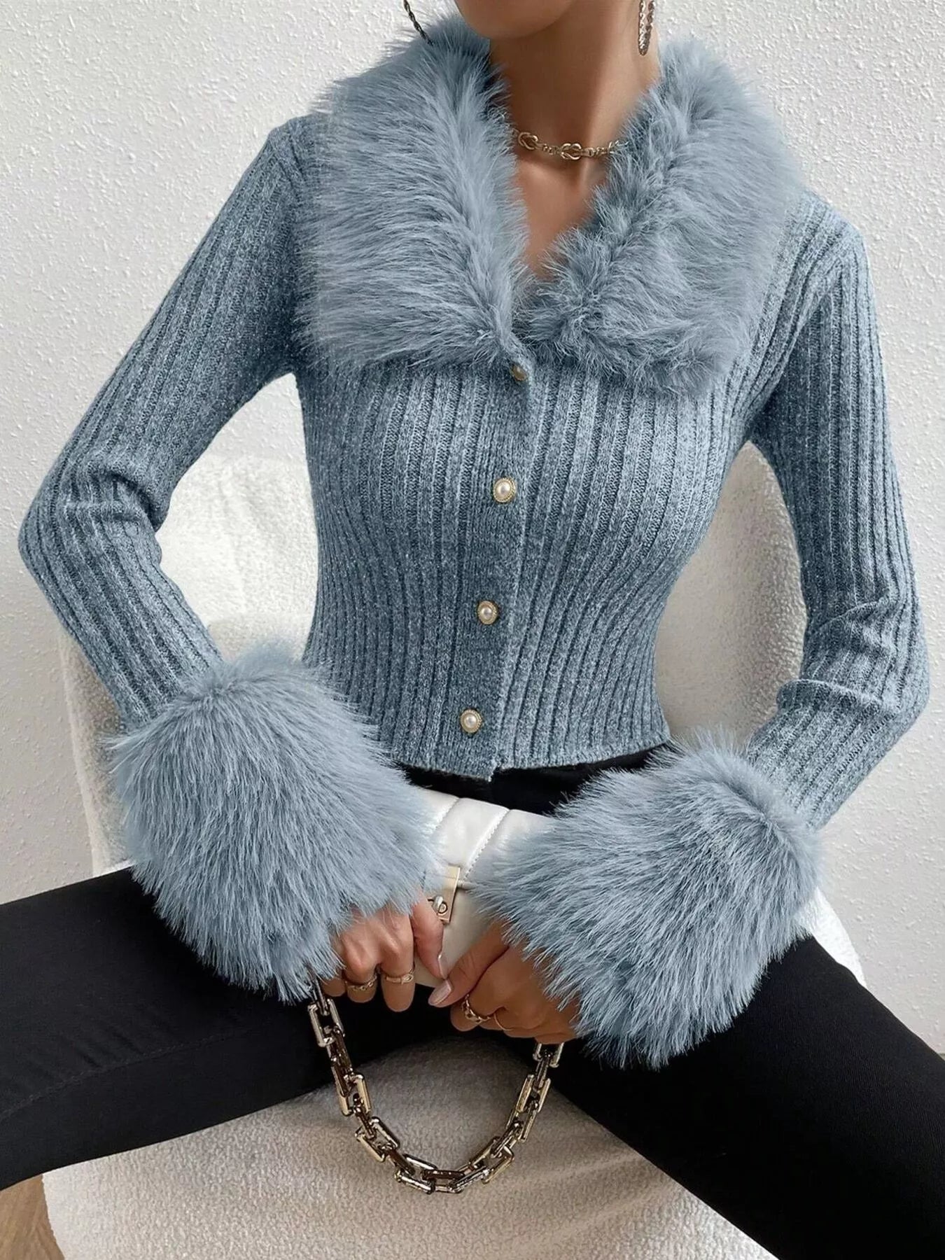 Faux Fur Trim Ribbed Knit Cropped Cardigan - Fashions Envy