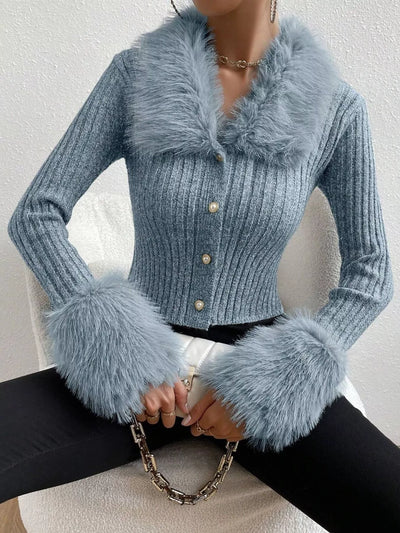 Faux Fur Trim Ribbed Knit Cropped Cardigan - Fashions Envy