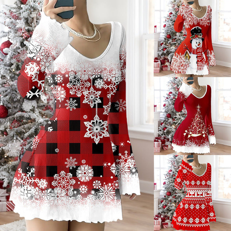 V-neck Stretch Sunken Stripe Christmas Printed Flared Sleeve Dress