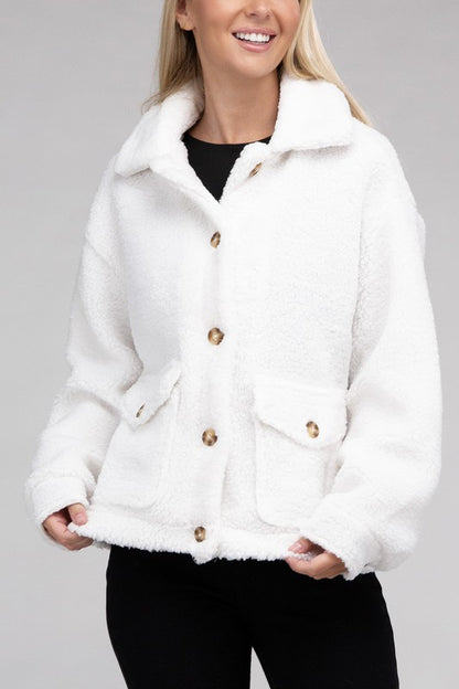 Cozy Sherpa Button-Front Long Sleeve Jacket