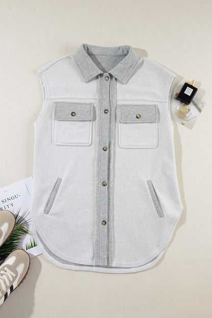 Pocketed Button Up Collared Neck Vest - Fashions Envy