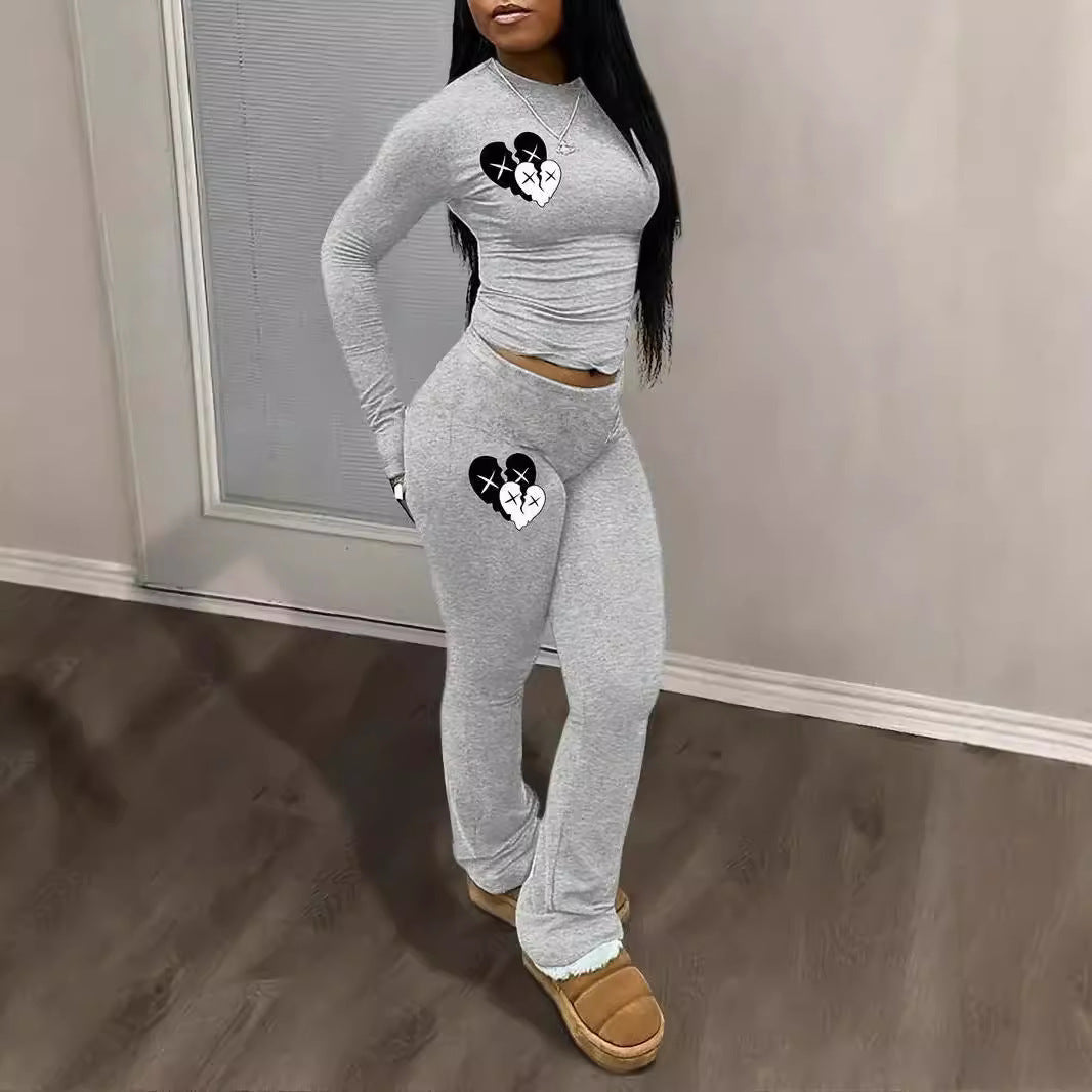 Heart Graphic Two-Piece Set - Matching Crop Top & Pants