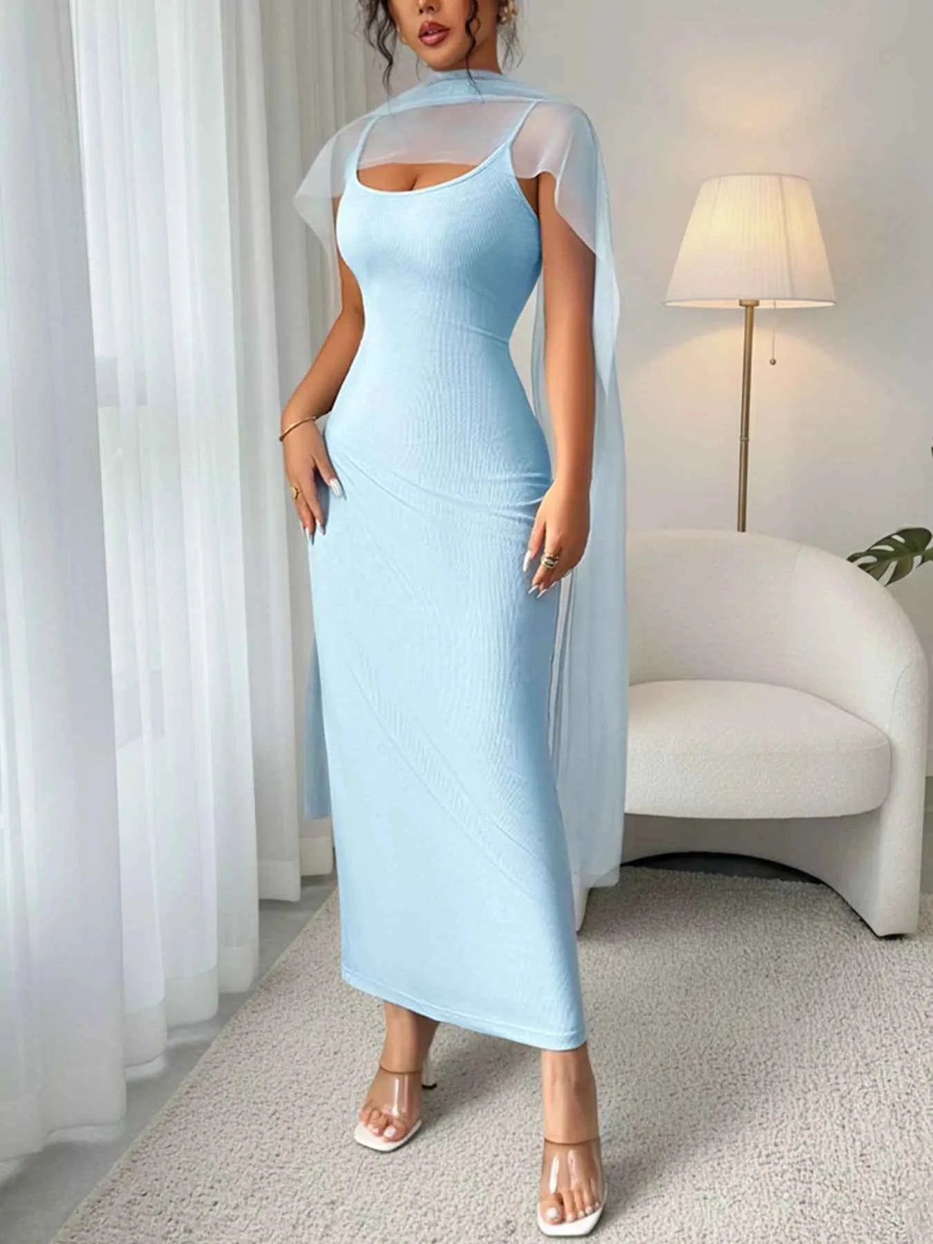 Ribbed Mesh Bodycon Maxi Dress - Blue Scoop Neck