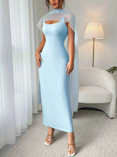 Ribbed Mesh Bodycon Maxi Dress - Blue Scoop Neck