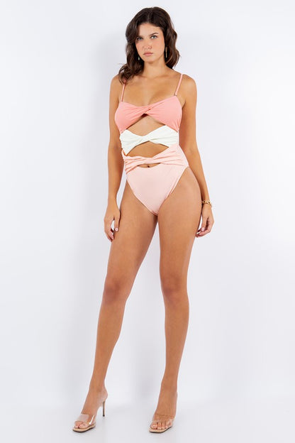 Tri Front Panel Twist Design One-Piece Swimsuit