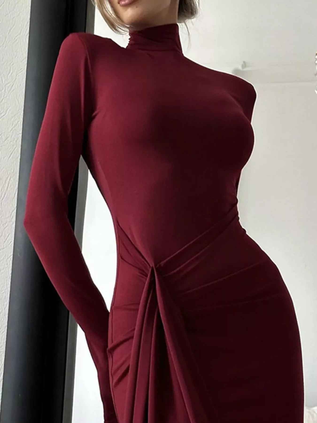 Turtleneck Maxi Dress - Long Sleeve Slit Tie Waist Style - Fashions Envy