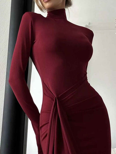 Turtleneck Maxi Dress - Long Sleeve Slit Tie Waist Style - Fashions Envy