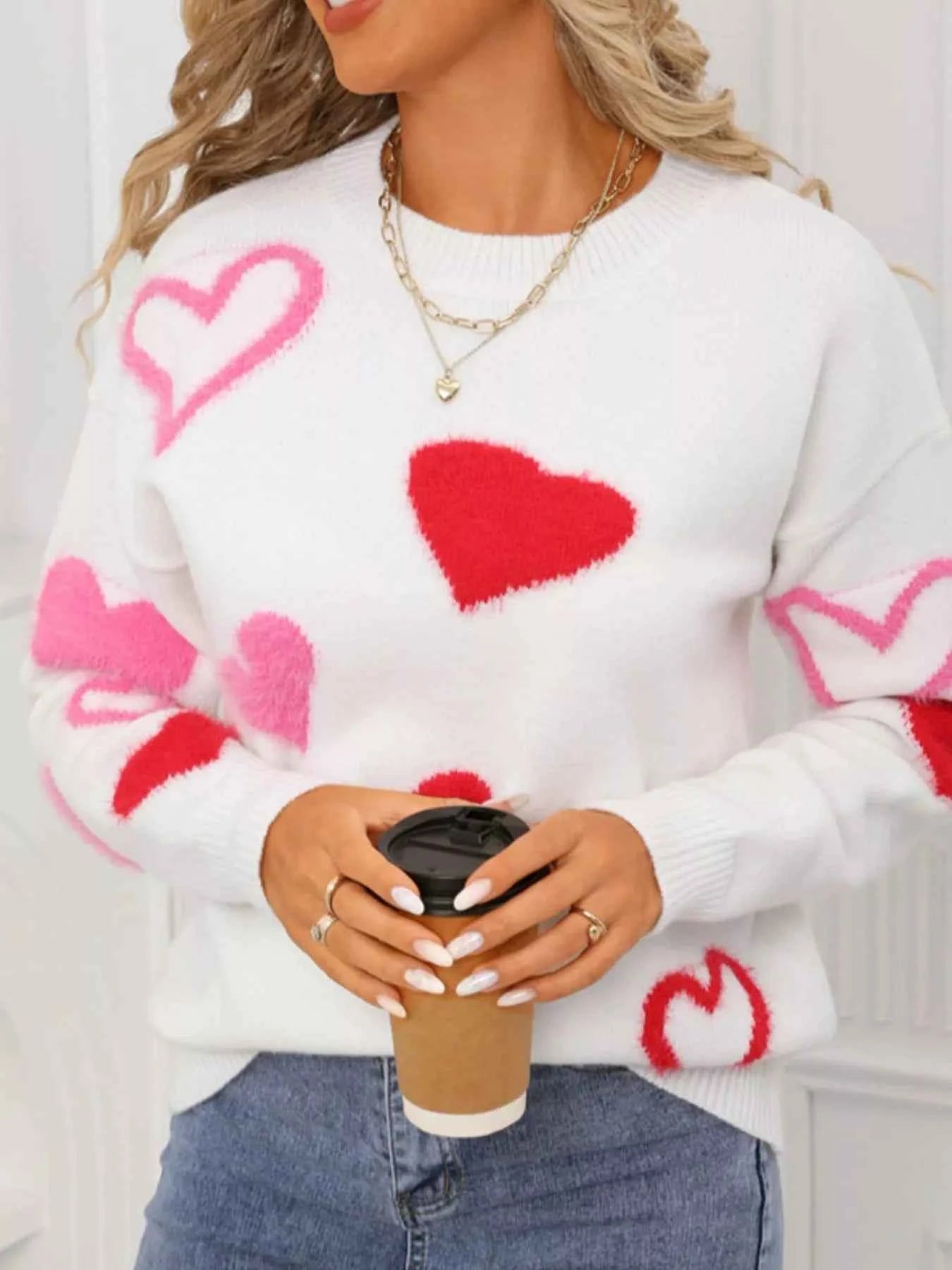 Valentine's Day Heart Pattern Knit Sweater - Fashions Envy