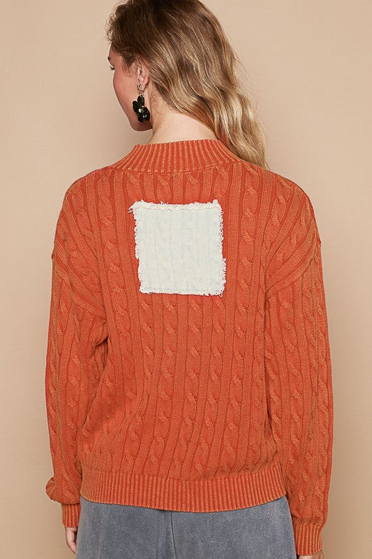 Orange-Red Cable-Knit Peace Patch Dropped Shoulder Sweater