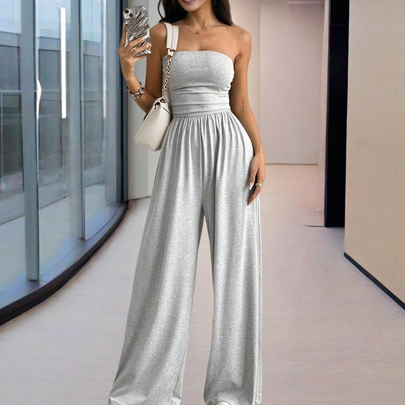 Solid Color Wide-Leg Palazzo Pants With Pleats Strapless Jumpsuit