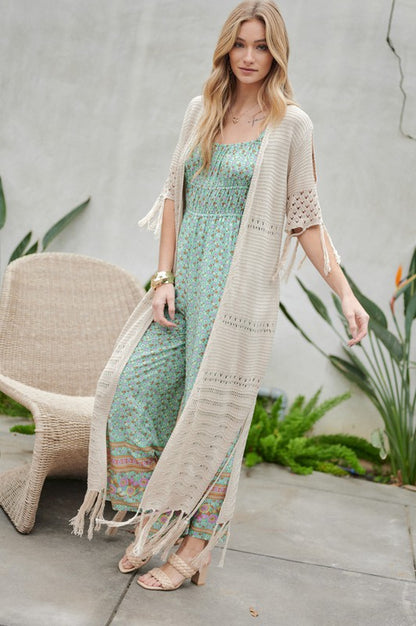 Solid 3/4 Sleeve Long Cardigan With Fringe