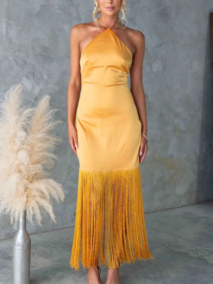 Fringe Halter Dress - Backless Bodycon Maxi Dress - Fashions Envy