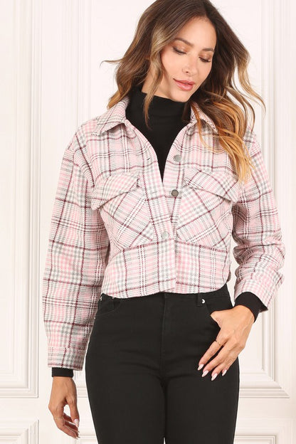 Pink Plaid Long Sleeve Cropped Jacket