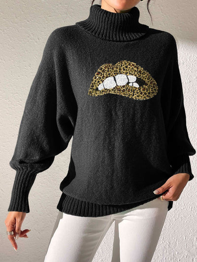 Lip Turtleneck Long Sleeve Sweater - Fashions Envy