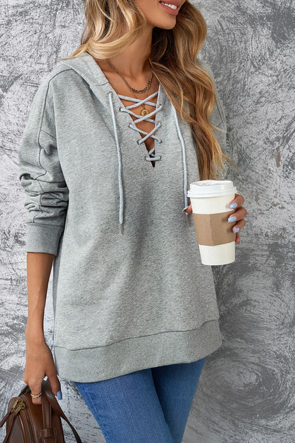 Lace Up V-neck Long Sleeve Hoodie