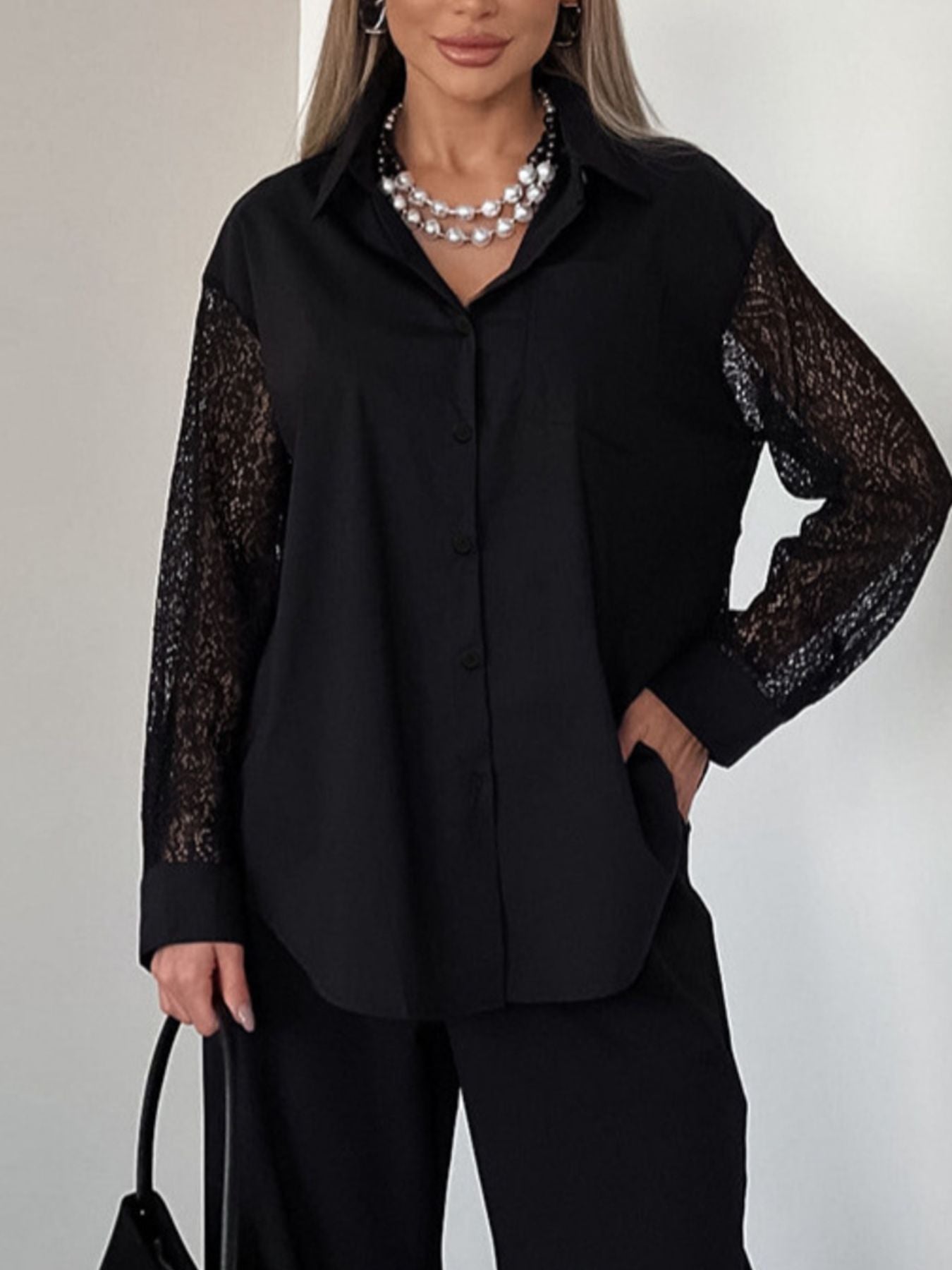 Lace Sleeve Button-Down Shirt - Front Pocket Detail