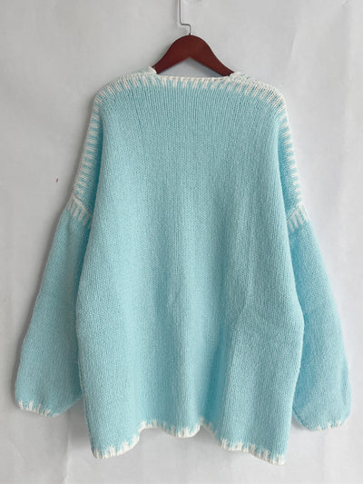 Double Take Contrast Open Front Dropped Shoulder Cardigan - Fashions Envy