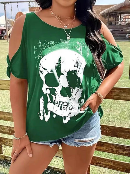 Plus Size Skeleton Graphic Round Neck Cold Shoulder T-Shirt - Halloween Top - Fashions Envy