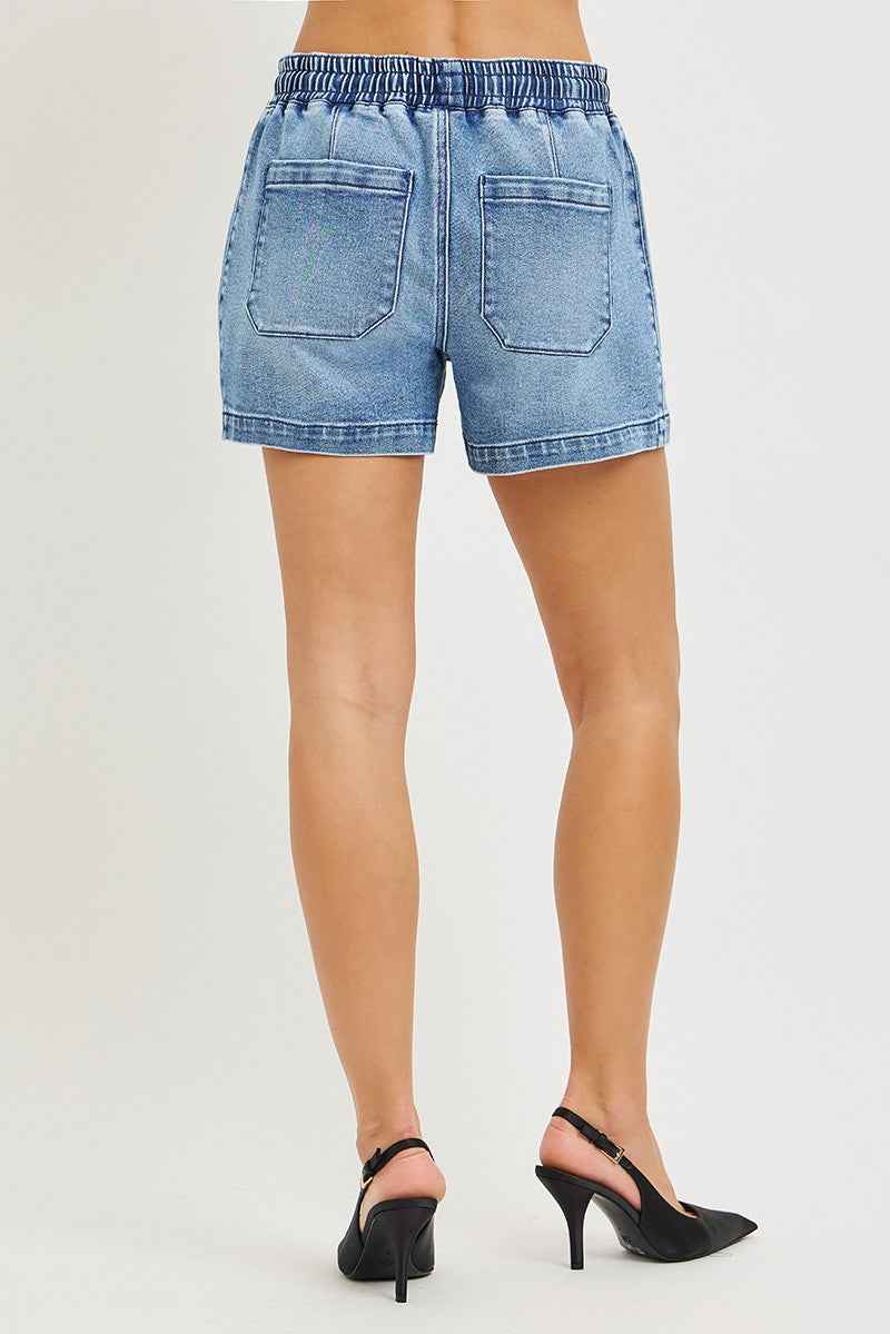 RISEN Elastic Band Slouchy Denim Shorts with Star Patched Details