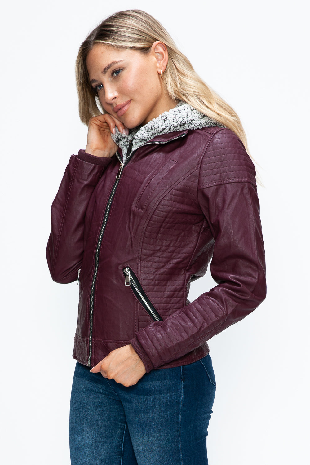 Wine Faux Layered Double-Zipper Jacket with Fuzzy Hood