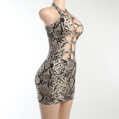 Snakeskin Mini Dress - Cutout Chest Adjustable Tie Slim Fit