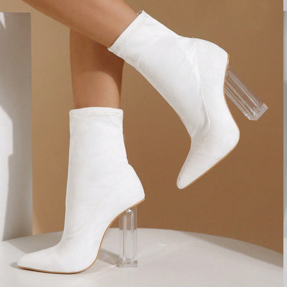 Crystal Heel Boots - Elastic Mid-Calf Party Style