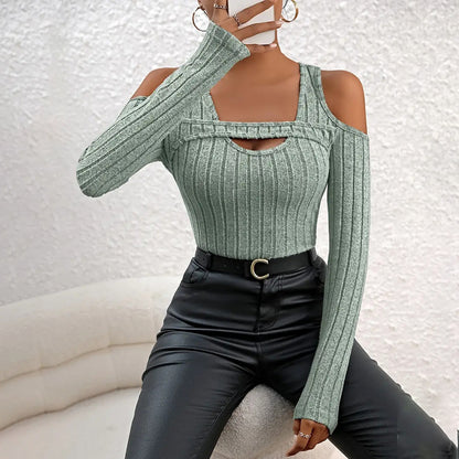 Cold Shoulder Ribbed Top - Cutout Long Sleeve Top