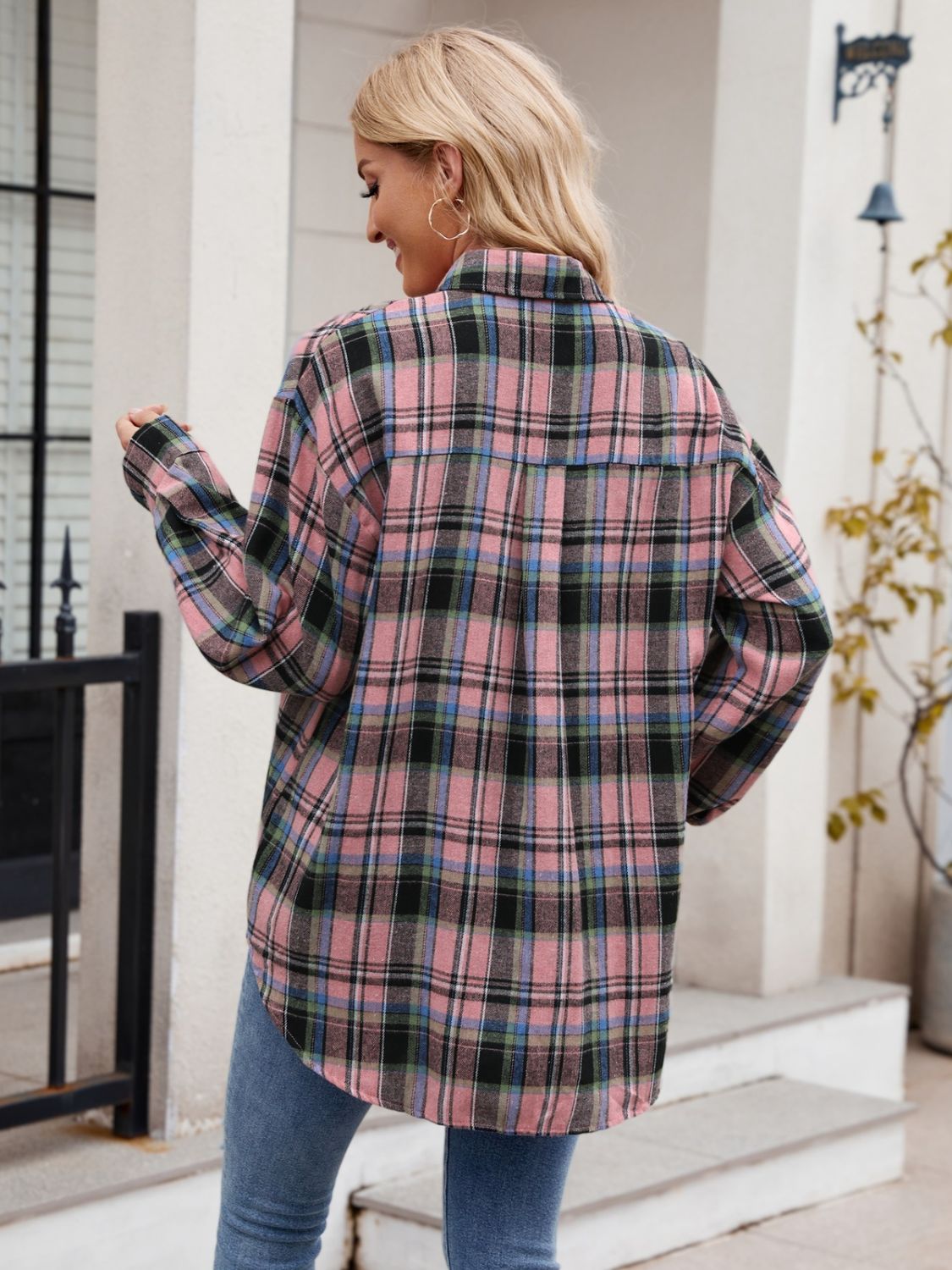 Mandy Pocketed Plaid Collared Neck Long Sleeve Shirt - Fashions Envy